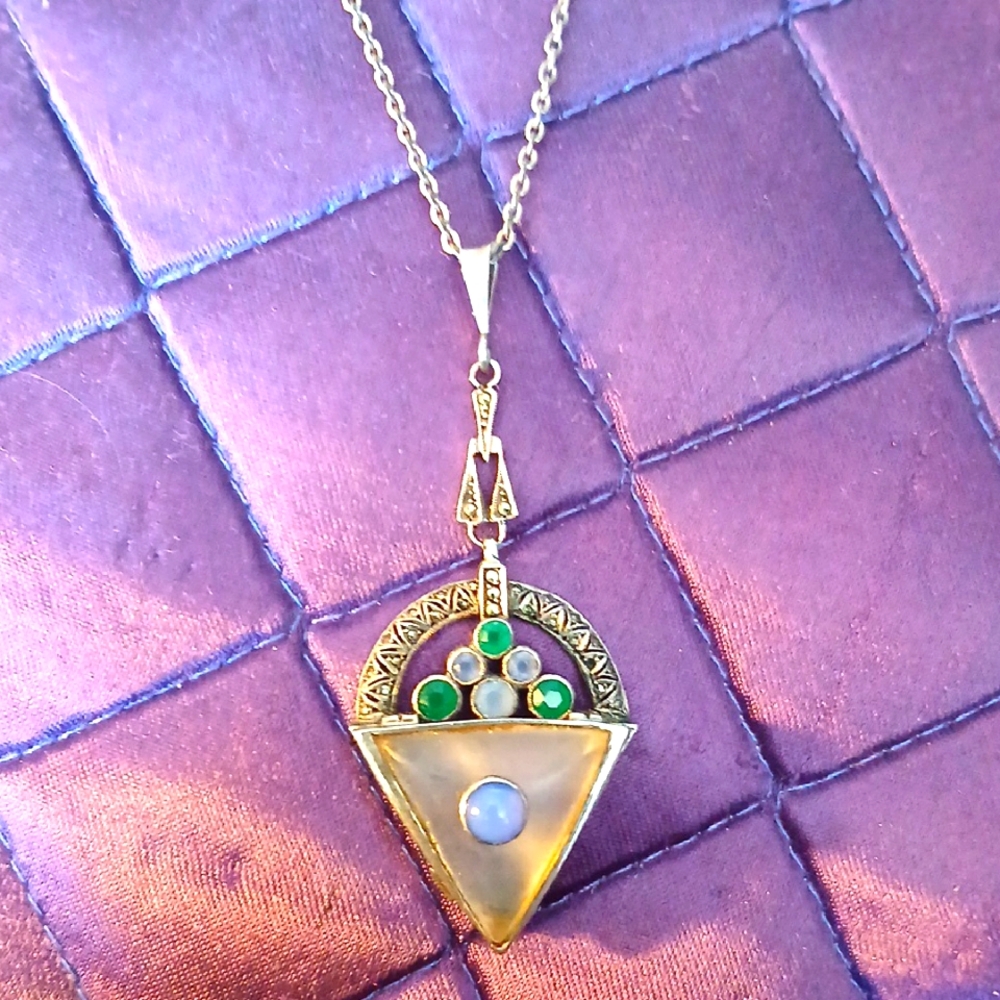 Elegant Art Deco Sterling, Marcasite and Gemstone Pendant Necklace